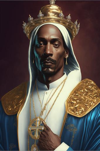 Snoop Dogg as the patron saint of marijuana and West Coast rap. Religious iconography gold chains, diamond marijuana leaf shaped pendant on the chain, cherubic ganja angels, old school microphone, Snoop Dogg in a saintly pose wearing immaculate west coast hip-hop attire --ar 2:3 --v 4