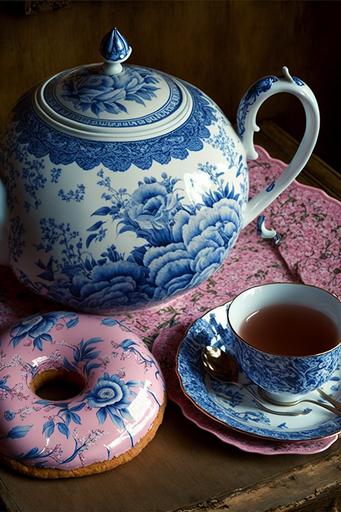 blue toile doughnut on a pink willow pattern China plate and teapot and teacup --ar 2:3 --v 4