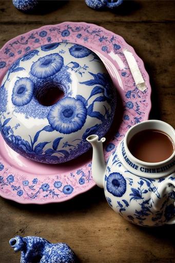 blue toile doughnut on a pink willow pattern China plate and teapot and teacup --ar 2:3 --v 4