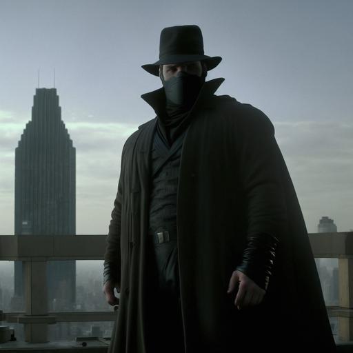 dvd screengrab, superhero movie directed by Christopher Nolan, a tall, thin human, male, camera facing, male stands ontop of the roof of a skyscraper,forced perspective full body shot, frong facing, face and eyes completely covered by a featureless mask, wide brim fedora, wearing a long flowing black coat, over light leather combat armor, hyper realistic, 4k,-- ar 4:7
