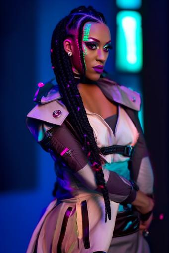 foghorntail cyber haute couture gorgeous bipoc model on cyberpunk runway, colorful neon braids --no chicken --ar 2:3 --v 5