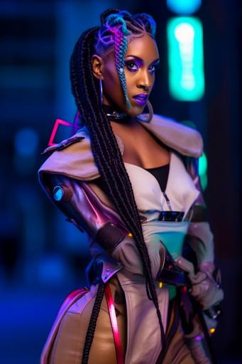 foghorntail cyber haute couture gorgeous bipoc model on cyberpunk runway, colorful neon braids --no chicken --ar 2:3 --v 5