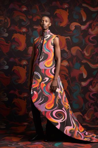 haute couture Otomi gown shaped like a Klein bottle worn by Chinese Kenyan Greek male model, on non-orientable shapes themed background --ar 2:3