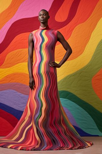 haute couture Otomi gown shaped like a Klein bottle worn by Chinese Kenyan Greek male model, on non-orientable shapes themed background --ar 2:3