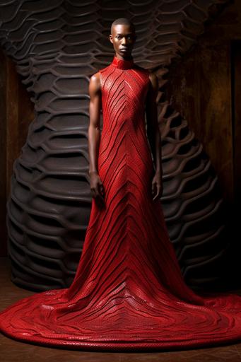 haute couture cambaya gown shaped like a Klein bottle worn by Chinese Kenyan Greek male model, on non-orientable shapes themed background --ar 2:3
