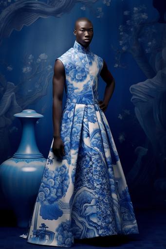 haute couture delft gown shaped like a Klein bottle worn by Chinese Kenyan Greek male model, on non-orientable shapes themed background --ar 2:3