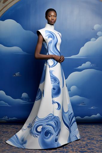 haute couture delft gown shaped like a Klein bottle worn by Chinese Kenyan Greek male model, on non-orientable shapes themed background --ar 2:3