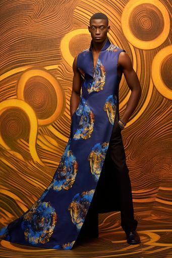 haute couture kitenge gown shaped like a Klein bottle worn by Chinese Kenyan Greek male model, on non-orientable shapes themed background --ar 2:3