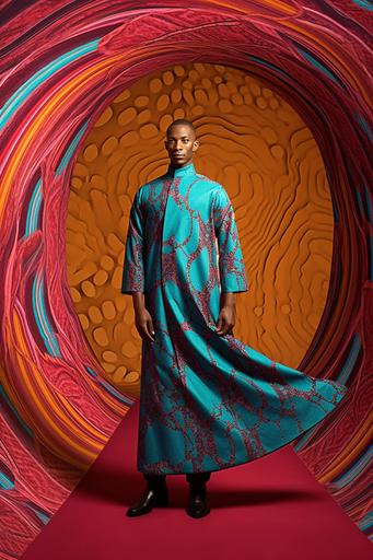 haute couture kitenge gown shaped like a Klein bottle worn by Chinese Kenyan Greek male model, on non-orientable shapes themed background --ar 2:3