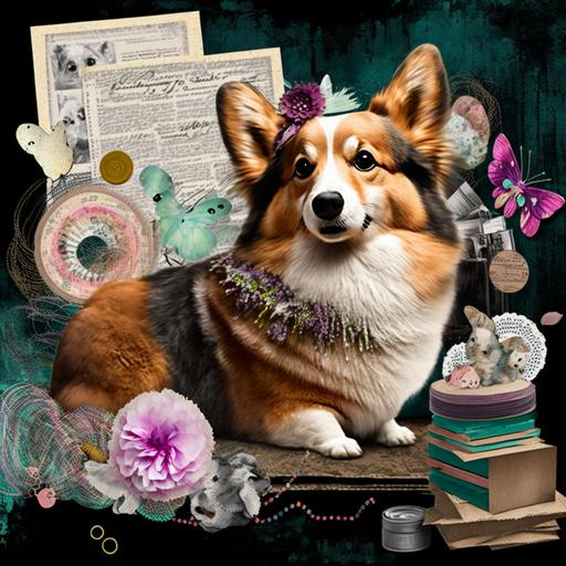 mixed media collage of a fluff long hair corgi, collage materials include scrapbooking ephemera, doodles, stickers, newspaper and magazine clippings, old postcards, sequins, yarn, fibers, glitter, stamps, bottle caps, beads, dried flowers, makeup and tidbits --v 4