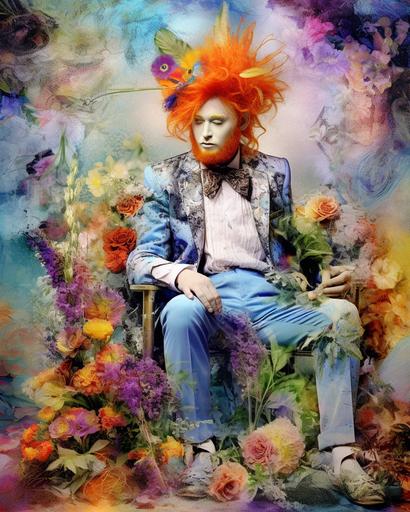 splashed colorful alcohol ink borders at the edges of a photo, Allegorical photo of Shamanist redhead chubby male model wearing haute couture, toandfroggymnast dynamic pose in a conversation with the natural surroundings, gossamer thistledown wildflowers inspired garden background ornate extravagance lavish shapes rich colors --ar 8:10