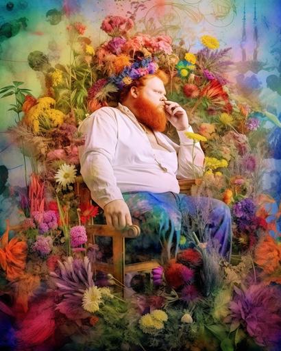 splashed colorful alcohol ink borders at the edges of a photo, Allegorical photo of Shamanist redhead chubby male model wearing haute couture, toandfroggymnast dynamic pose in a conversation with the natural surroundings, gossamer thistledown wildflowers inspired garden background ornate extravagance lavish shapes rich colors --ar 8:10