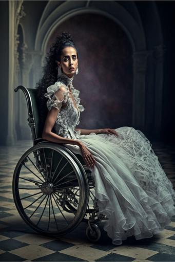 stunningly gorgeous mixed race model posing in a double cyr wheel (Rhönrad gymnastics wheel) while sitting in an antique wheelchair wearing a tailor made diaphanous transpicuous gown, wisps of fabric blowing in the wind of a misty brume, shot in a brightly lit abandoned baroque mansion, traditional vegan burrito motif --ar 2:3 --v 4