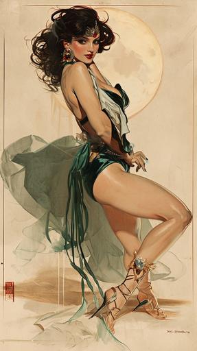 Frank Frazetta, Alphonse Mucha, Gil Elvgren, Sartorial , magnificent, pretty girl, model, Sailor Moon costume, in the 70s, vintage costume, legs, back, full body shot --ar 9:16 --v 6.0