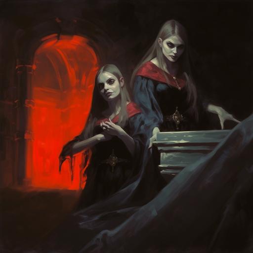 Frank Frazetta style. Two female vampire thralls protecting a vampire's coffin. Inside of an open dark room in a castle. Eyes glowing red. They look undead. They look evil and scary.
