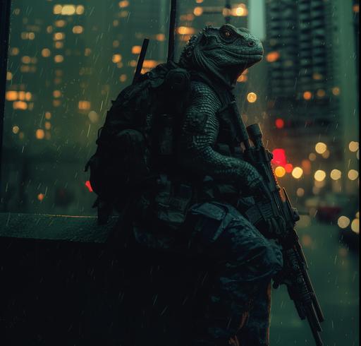 Frank Miller style DIY drawing in pitch darkness of a candid moment from an lizard-o-phant, half lizzard half elephant, full combat tactical suit, M4 rifle. He is an amphibian - a symbiotic life form, it is standing tall against an obsidian dark and eerie skyscraper background, dim lightly rim light give's hints to the feint bokeh of the skyscraper towers, --style raw --v 6.0 --stylize 400 --ar 70:67