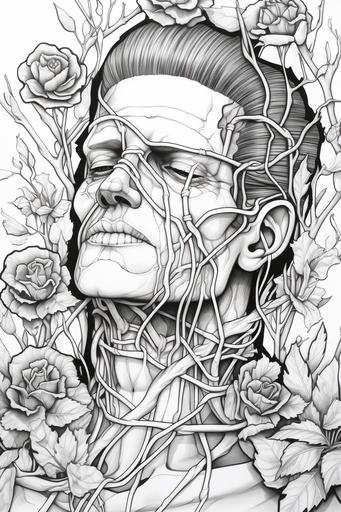 Frankenstein's Monster: The iconic stitched-up creature with bolts in his neck, halloween esk, painted very colorful and florally, in the style of james bullough, digital art techniques, nathan wirth, intricate and bizarre illustrations, dark cyan and green, detailed floral illustrations, 32k uhd black and white cluttered maximalism, coloring page, black-and-white outline, monochrome, simple outline, flat, 2d, on white background::1.5 coloring page, outline::0.5 gradients::-1 --ar 2:3