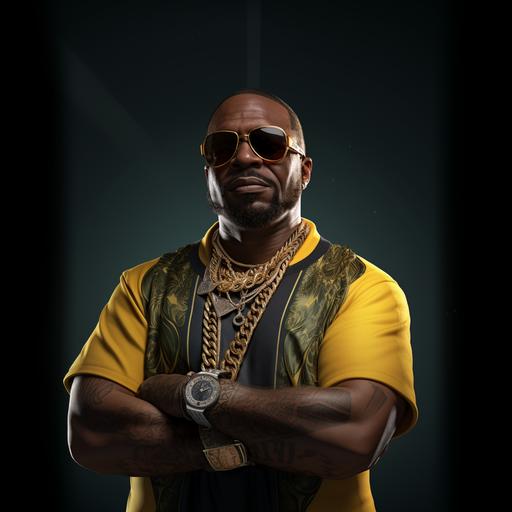 Franklin Clinton from gta 5 in 2023 wearing sun glasses and a gold chain with dollar sign, photorealistic