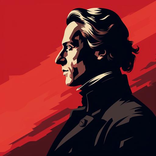 Frederick Chopin in Communist Poster design, red and black design, Art Deco, Chopin, red background, silhouette --s 250 --v 5.2