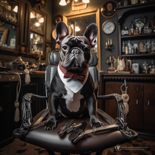 French Bulldog mix, confidently posing with a straight razor and a comb in its paws. Giving Old time barbershop vibes