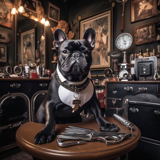French Bulldog mix, confidently posing with a straight razor and a comb in its paws. Giving Old time barbershop vibes