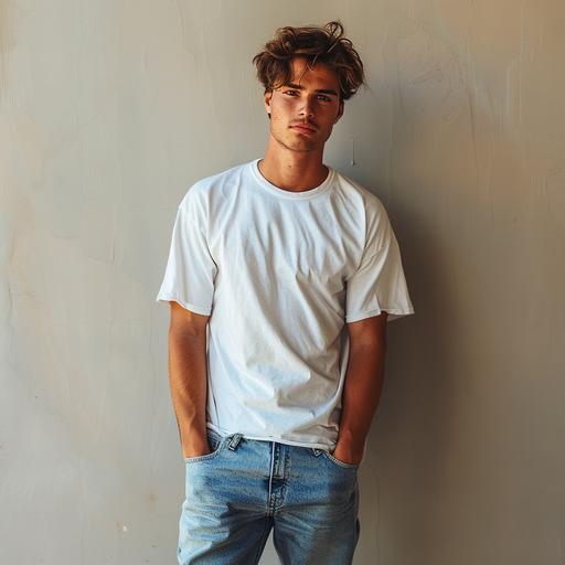 French male model with model shapes wearing white t-shirt, denim pants and vans shoes, in GAP style, soft edges, touch, WD, 8K, full body shot, high quality photo--ar 10:13 --s 250 --v 6.0