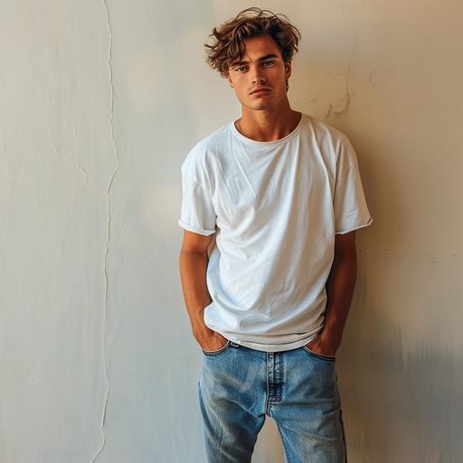 French male model with model shapes wearing white t-shirt, denim pants and vans shoes, in GAP style, soft edges, touch, WD, 8K, full body shot, high quality photo--ar 10:13 --s 250 --v 6.0
