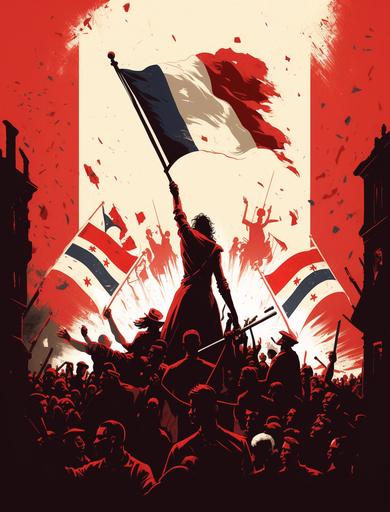 French revolution propaganda, red themed, no text, destruction of a crown, french flag, crowds cheering, 8k --v 4 --ar 3:4
