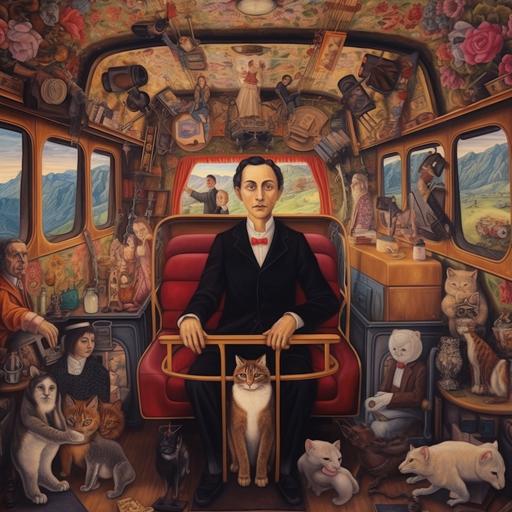 Frida Cahlo style: portrait of Chopin playing piano inside old bus, on bus chairs there are sitting hamsters, rabbits, cats, birds, owls ; from bus windows visible surrealistic mountains