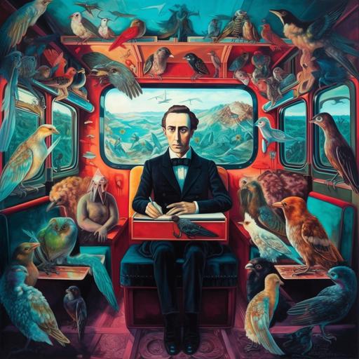 Frida Cahlo style: portrait of Chopin playing piano inside old bus, on bus chairs there are sitting hamsters, rabbits, cats, birds, owls ; from bus windows visible surrealistic mountains