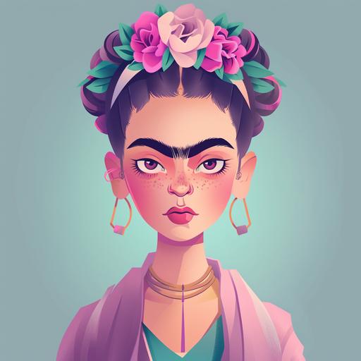 Frida kahlo, pastel colors, pink, mint, purple, white, portrait, nft, cartoon doodle