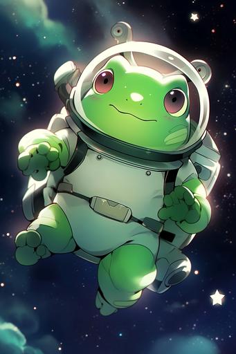 Froggy astronaut lost in space, adorable cute frog, chibi style, big green eyes, space suit, floating in space --ar 2:3 --niji 5