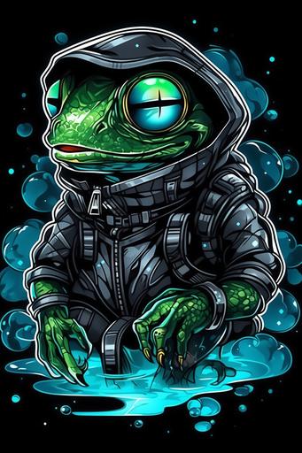 Froggy astronaut lost in space, adorable cute frog, chibi style, big green eyes, space suit, floating in space --ar 2:3 --chaos 20 --niji 5