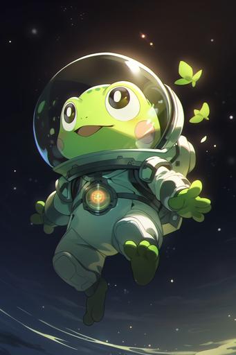 Froggy astronaut lost in space, adorable cute frog, chibi style, big green eyes, space suit, floating in space --ar 2:3 --niji 5