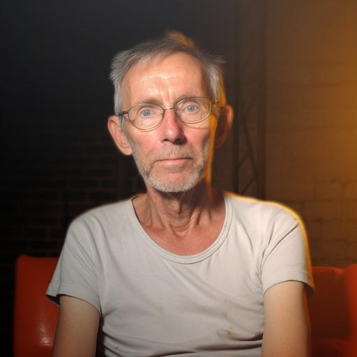 From the image in reference, create a man, approximately 70 years old, without beard, short light hair, blue eyes, sitting, low-cut t-shirt, ultra realistic, in detail, 8k