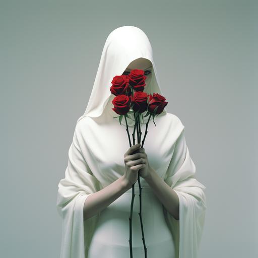 From the mind of Goddess; a full length image of a very modern avant garde punk ninja Nun holding red roses, dressed in all white in a high fashion couture Rick Owens style shot in the style of Italian photographer Paolo Roversi with Fujifilm cross processed 35mm film with high resolution and lots of grain