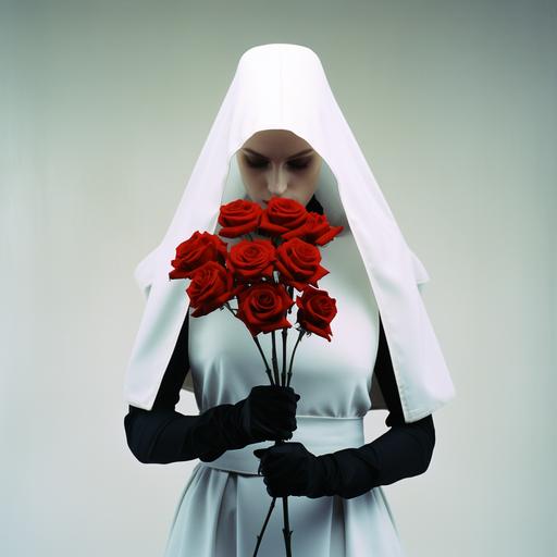 From the mind of Goddess; a full length image of a very modern avant garde punk ninja Nun holding red roses, dressed in all white in a high fashion couture Rick Owens style shot in the style of Italian photographer Paolo Roversi with Fujifilm cross processed 35mm film with high resolution and lots of grain