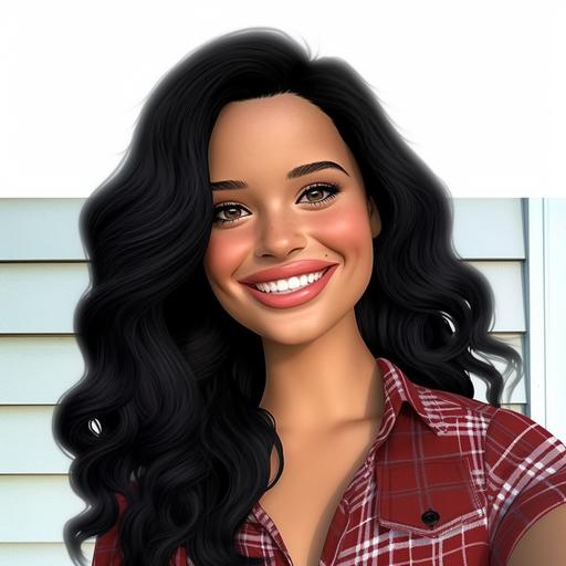 Front Disney-style cartoon of a Columbia pretty woman's face With long black curly hair. She has a red and black plaid shirt on. She is smiling. Solid white background with no illustrations in the background.