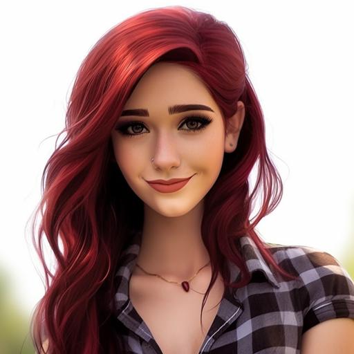 Front Disney-style cartoon of a white pretty woman's face With long dark red hair. She has a red and black plaid shirt on. Solid white background with no illustrations in the background.