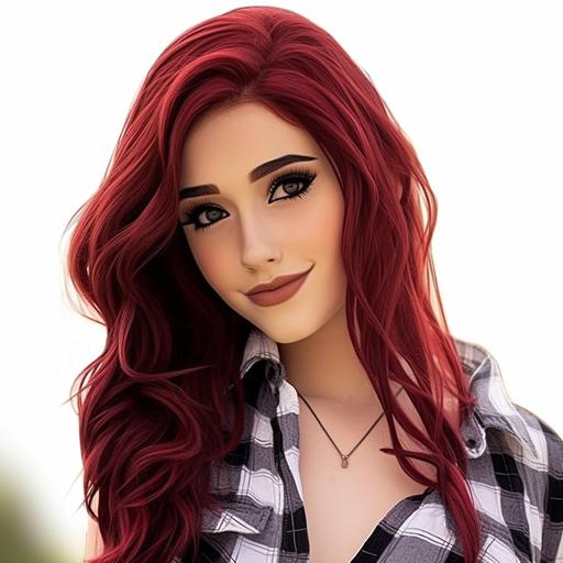 Front Disney-style cartoon of a white pretty woman's face With long dark red hair. She has a red and black plaid shirt on. Solid white background with no illustrations in the background.
