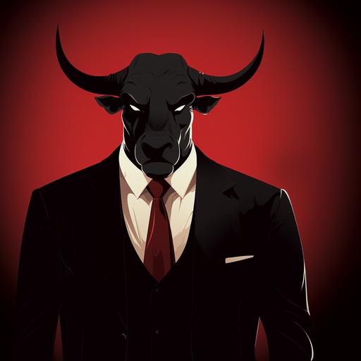Front black shadow of a bull with white horns an a red tie. 2d art. Cartoon style.