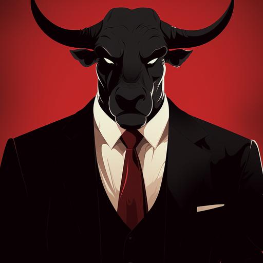 Front black shadow of a bull with white horns an a red tie. 2d art. Cartoon style.