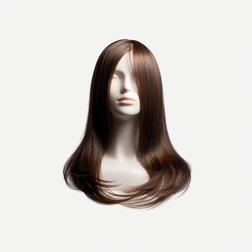 Front shot of an Isolated brown wig, with natural straight hair in a white background, hyperrealistic, uhd, 32k, ar-- 16:9