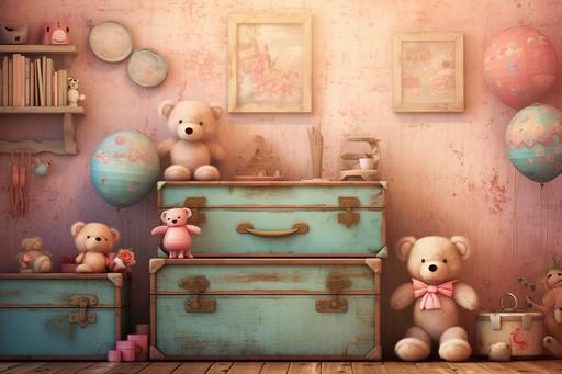 Front view wall of a cosy girly toy room. Painting Vintage style. Atmospheric ambiance, high resolution, detailed image. dimensional layering. --ar 3:2