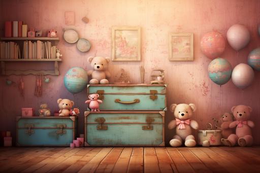 Front view wall of a cosy girly toy room. Painting Vintage style. Atmospheric ambiance, high resolution, detailed image. dimensional layering. --ar 3:2