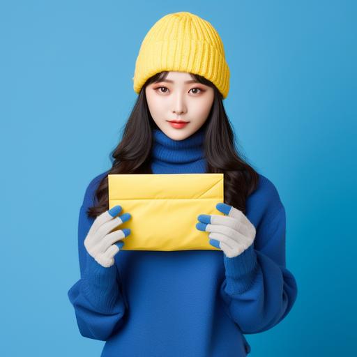 Frontal photograph at waist level, of a KOCOSTARs korean model, wearing blue mittens while holding a yellow and vertical envelope. Pop style. Minimalist. Soft blue background. Real photography. Style raw.