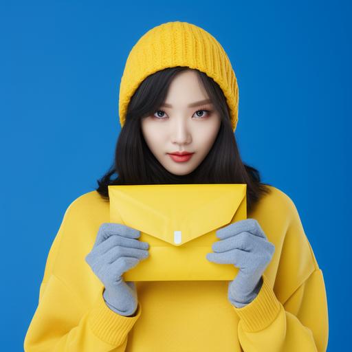 Frontal photograph at waist level, of a KOCOSTARs korean model, wearing blue mittens while holding a yellow and vertical envelope. Pop style. Minimalist. Soft blue background. Real photography. Style raw.