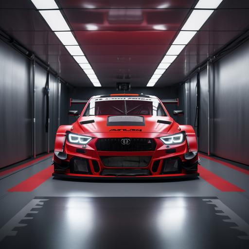 Frontal red DTM racing car in a clean booth with red floor, Realistic