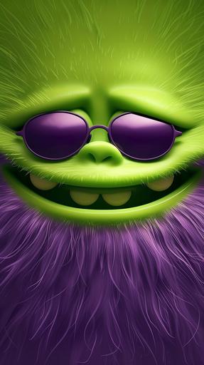 Frontal view illustration of a large soft surface fur and a happy smiling style 3D minimalist Aardmann cartoon cute monster face with green noise wearing sunglasses detailed in the middle, --ar 9:16