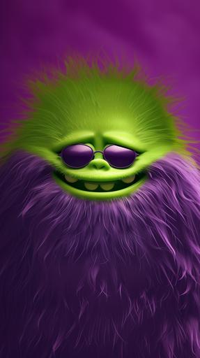 Frontal view illustration of a large soft surface fur and a happy smiling style 3D minimalist Aardmann cartoon cute monster face with green noise wearing sunglasses detailed in the middle, --ar 9:16